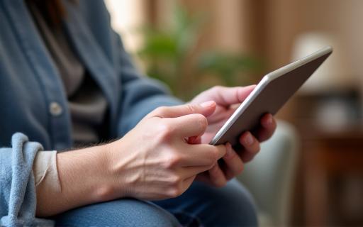 A friendly caregiver assisting a senior with a tablet.