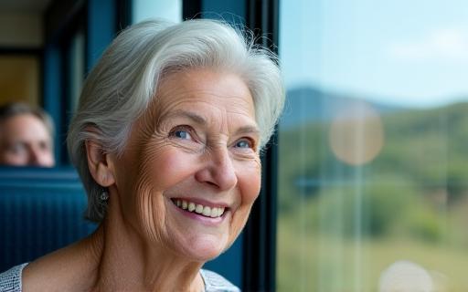 A senior woman smiling while looking out of a tour bus window.