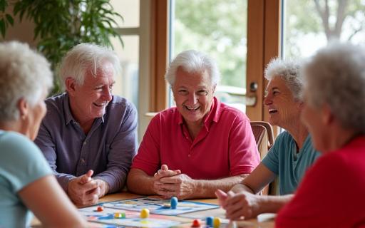 A group of seniors laughing together during a board game.