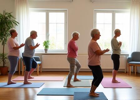 A group of seniors practicing chair yoga in a bright, airy room.