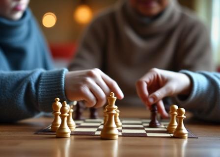 A senior teaching a young volunteer how to play chess.